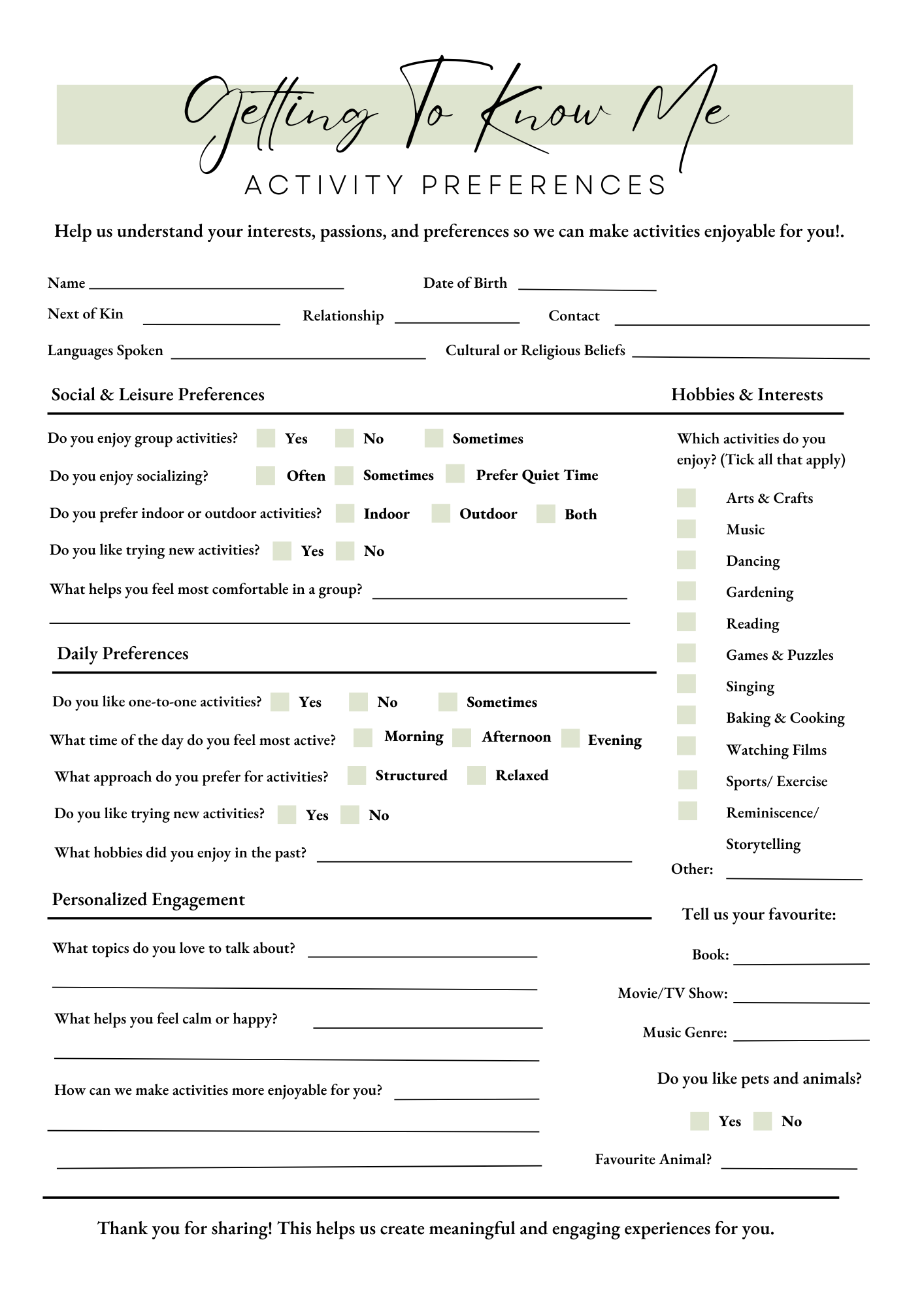 Know Your Residents Activity Preferences (Printable)