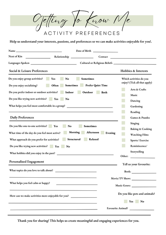 Know Your Residents Activity Preferences (Printable)